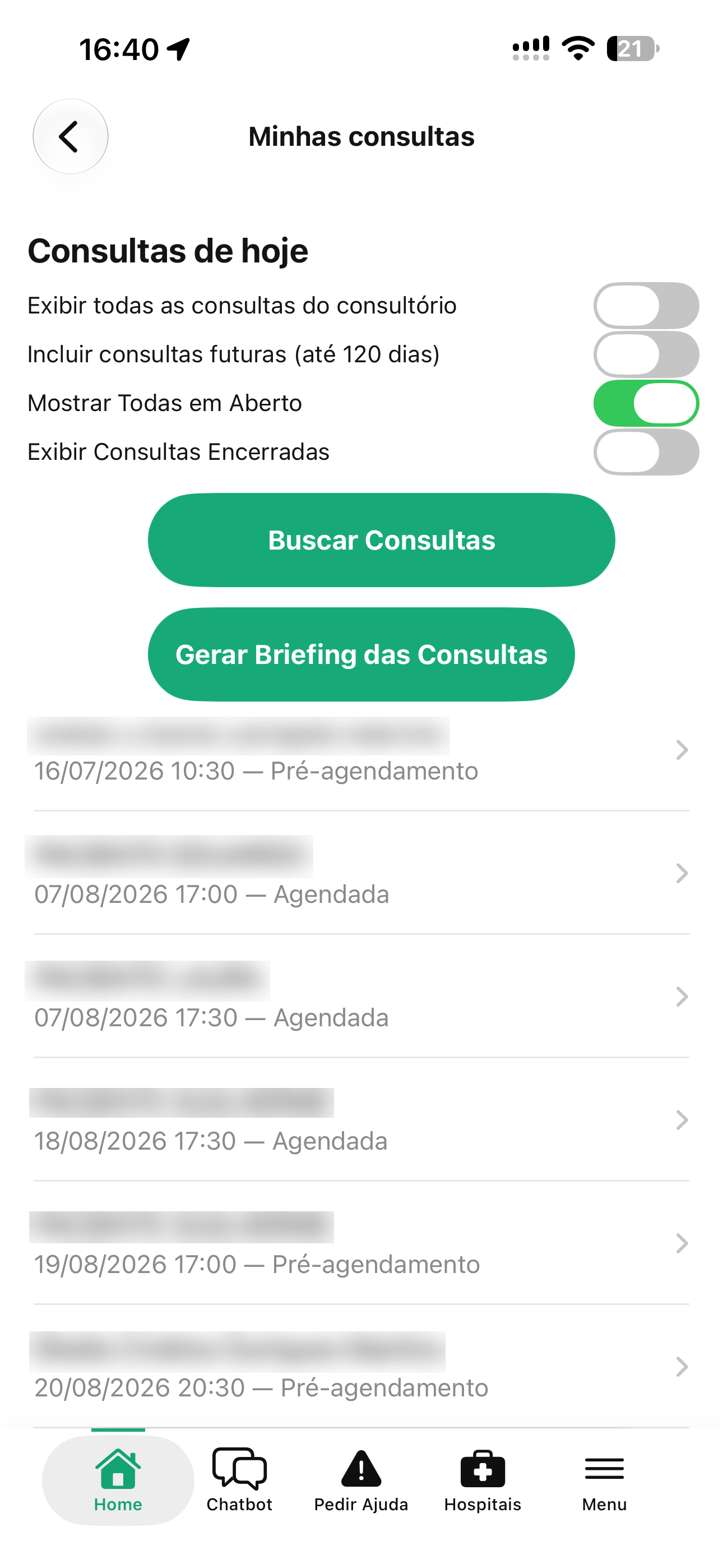 App HUG Doctor — lista de consultas