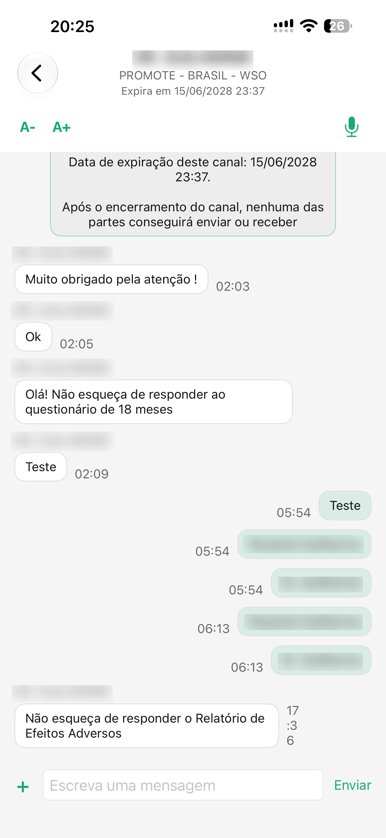 Chat com a equipe do estudo no app HUG
