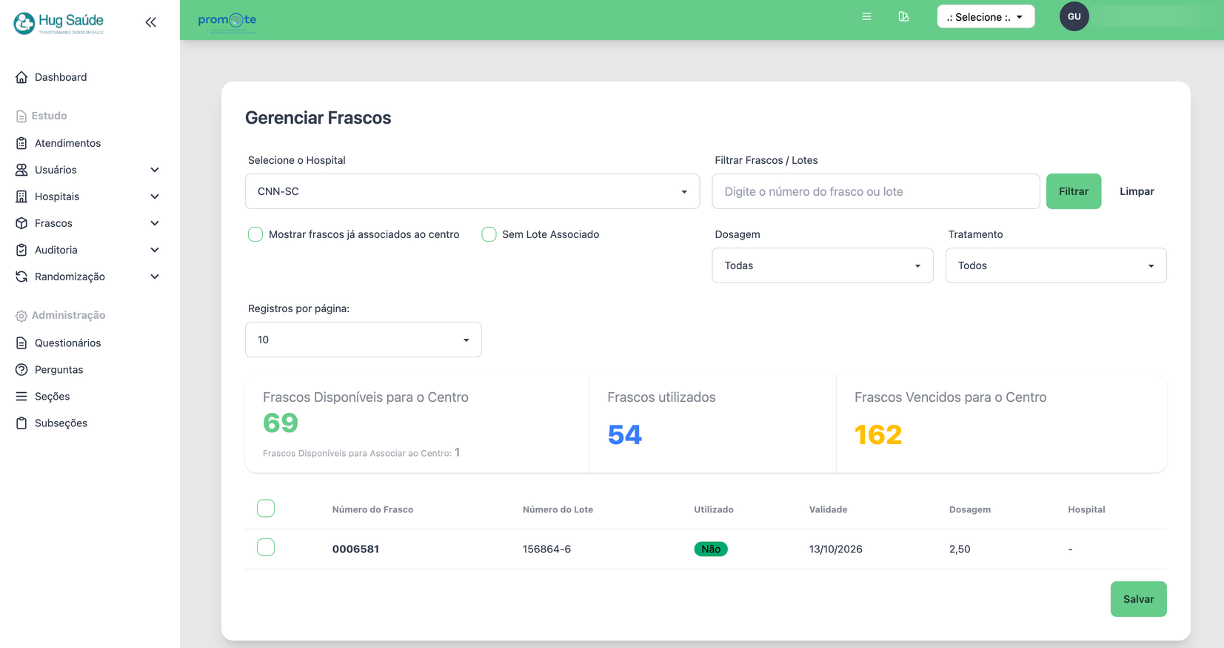 Painel web de gerenciamento de frascos